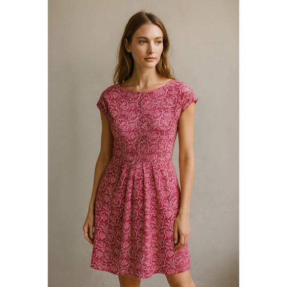 Boden Floral Print Fit & Flare Dress Pink Paisley Cap Sleeve Cotton Blend sz 10L - Picture 1 of 10